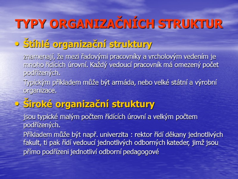 >TYPY ORGANIZAČNÍCH STRUKTUR  Štíhlé organizační struktury   znamenají, že mezi řadovými pracovníky